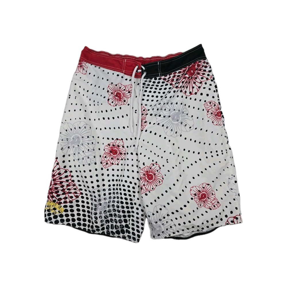 Hawaiian Tropic Mens Large Board Shorts White Floral Polka Dot Swim Trunks L